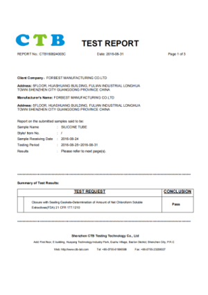 FDA Certificate of Silicone Tube