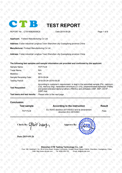 FEP Film ROHS Certificate