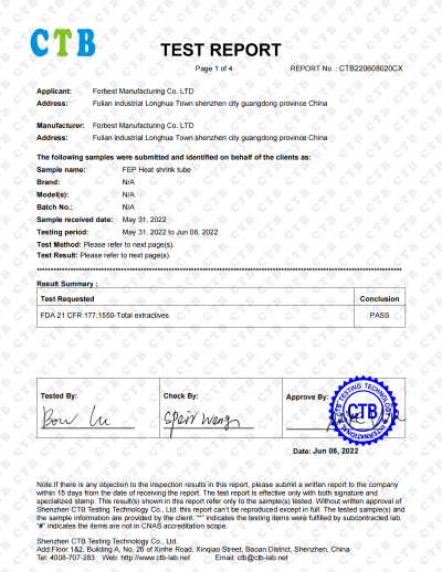 FEP heat shrink tube pass FDA certificate